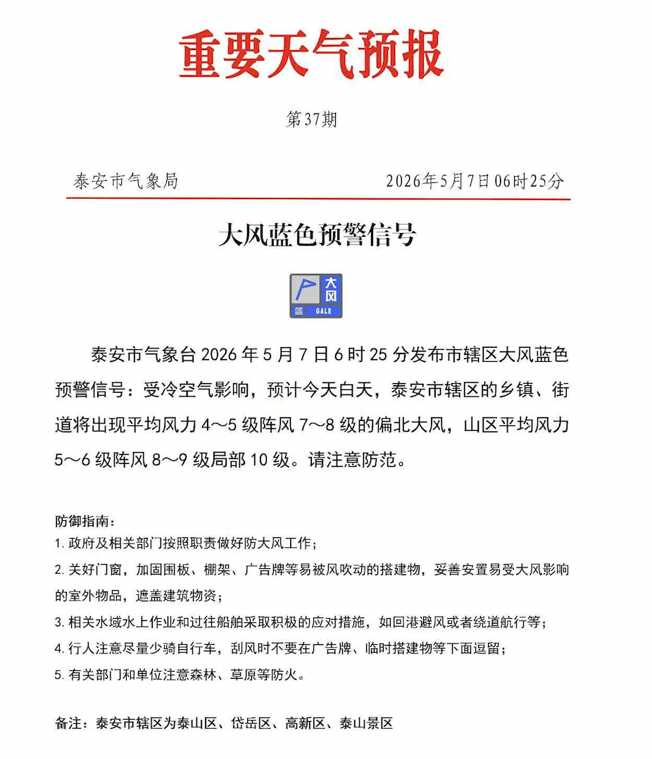 泰安发布市辖区大风蓝色预警